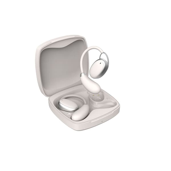V13 Beige Open-Ear Bluetooth-hörlurar med öronkrokar, Bluetooth 5.4, brusreducering för samtal och sportdesign
