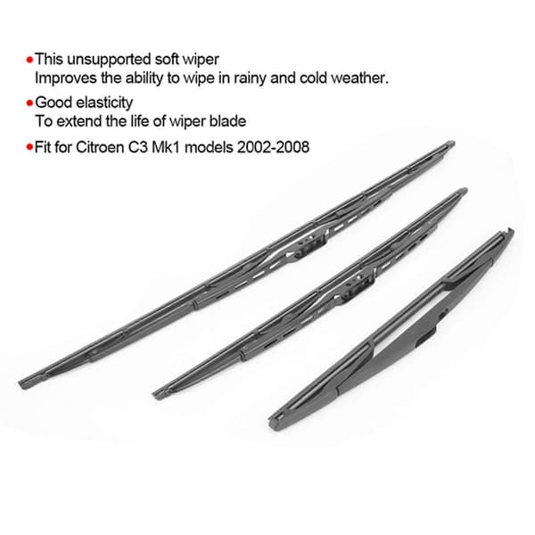 3 stk./sæt For- og bagviskerblade tilbehør passer til Citroen C3 Mk1 modeller 2002-2008