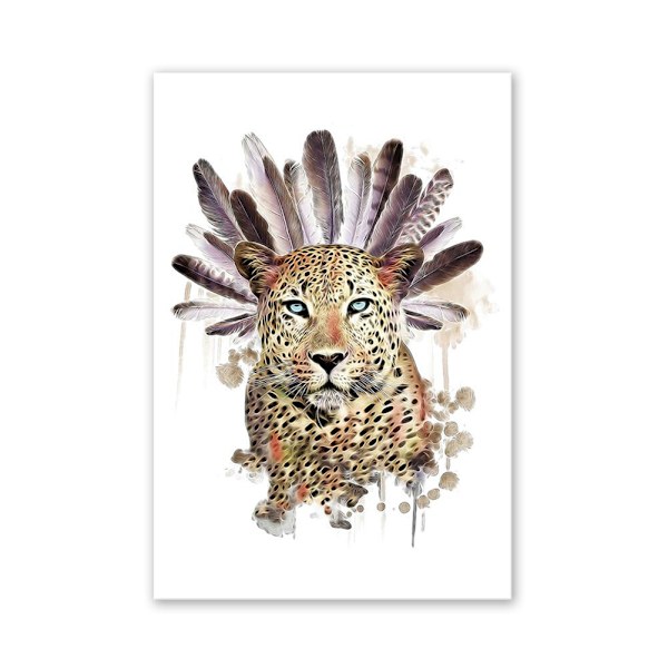 Tavla med fjäder- och leopardhuvudmönster