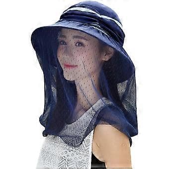 Dame Bucket Hat Bredskyggede Solhat med Myggenet Slør Strand Solhat Elegant Damehat, Navy Blå