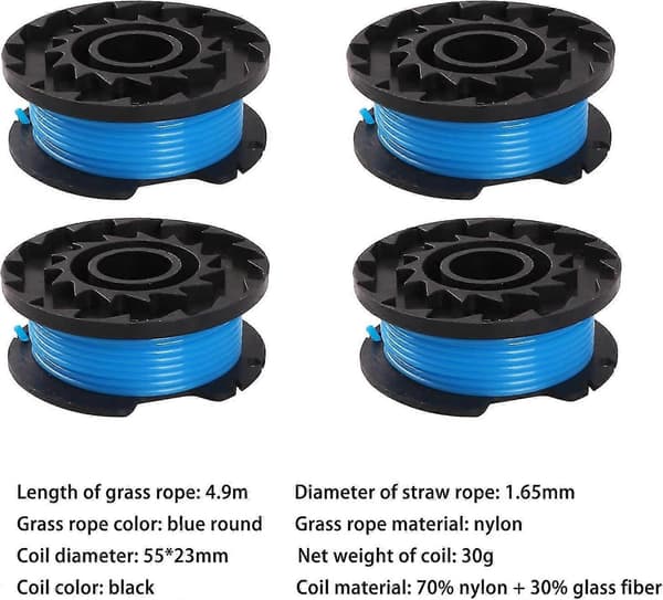 4 trimmer spoler, erstatningsspole for trimmere, trimmerline, trådløs trimmerline, gressklippertau, blå