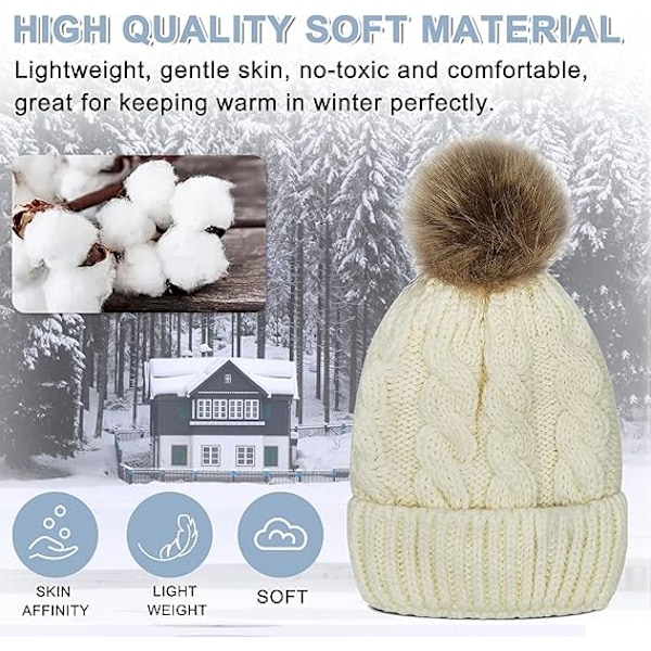 Barnmössa med Foder och Pom Pom för Barn - Slouchy Kabelstickad Mössa Skalle Mössa Baby Skidmössa för Flickor Pojkar CLT01 White