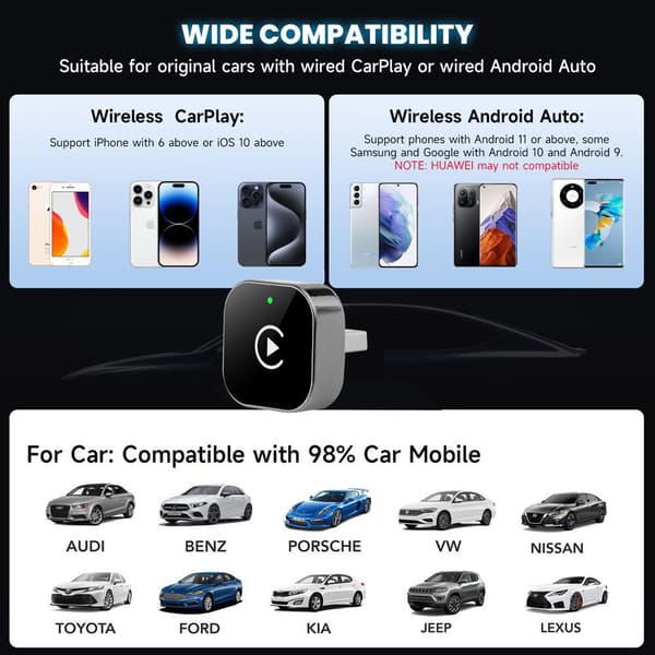 CarPlay/Android Auto trådløs adapter: Kablet-til-trådløs bilforbindelsesboks