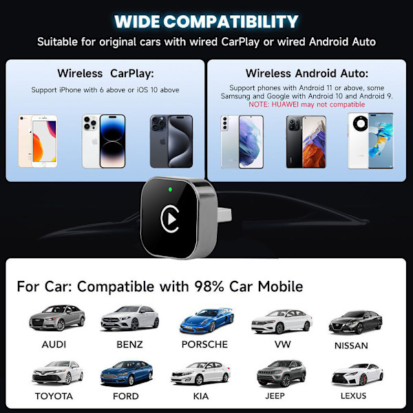 CarPlay/Android Auto trådløs adapter: Kablet-til-trådløs bilkoblingsboks