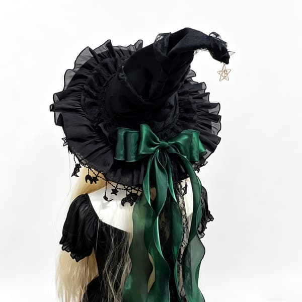 Halloween häxhatt med bred brättad spets, lämplig för semesterfester, kostymfester, maskeradfester, rollspel, etc. grön green