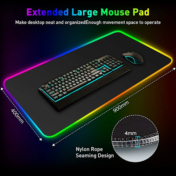 XXL Musematte, 900x400 Stor Gaming Musematte, 12 LED-belysning Pa
