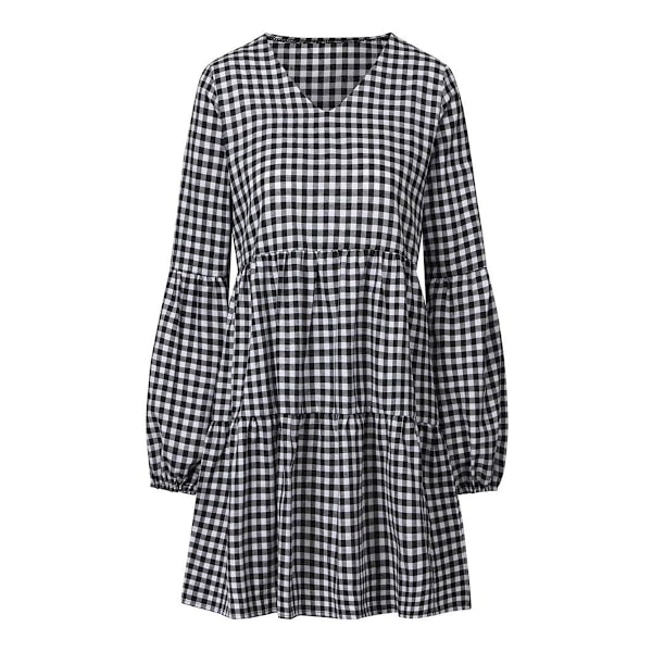 Sommarklänning för kvinnor, tunika, V-ringad, ledig, lös, böljande swingklänning D: Printed Plaid Large