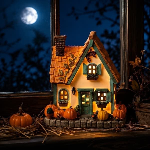 Efterårshytte dekoration harpiks ornament med indbyggede LED-lys, velegnet til Halloween pejsestativer, efterårshjem dekoration stil 2 stye 2
