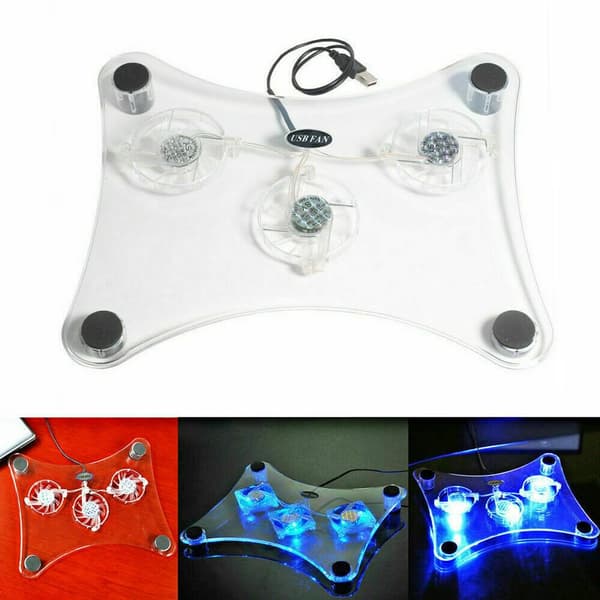 3 Vifter USB Kjøler Kjølematte Stativ LED Lys Spotlight for Laptop PC Notebook