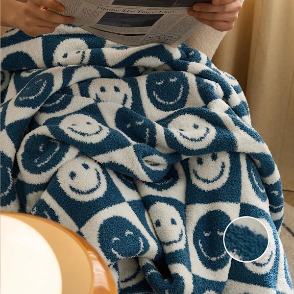 Baby Filtar med Smiley Faces Rutig Vändbar Mjuk Mysig Varm Filt för Säng Soffa Resa Sky blue