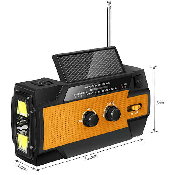 Solradio AM/FM Vevradio Portabel USB Uppladdningsbar Nödradiotelefon med 2000mAh Powerbank, LED-ficklampa, SOS-larm och Handvevsdynamo för