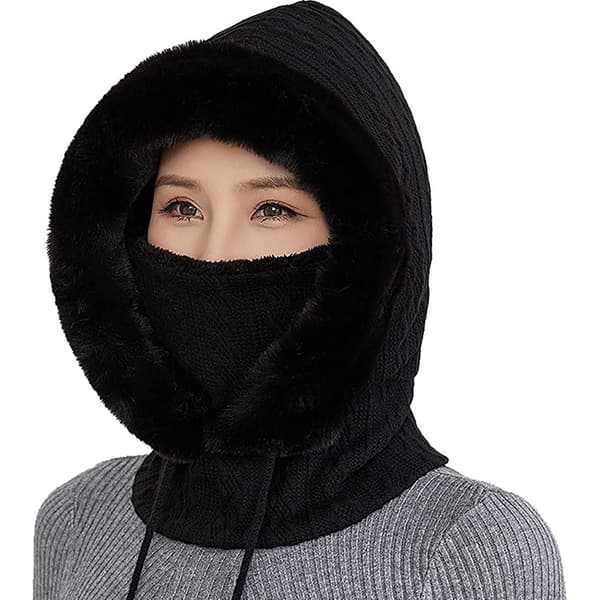 2 i 1 Vintermössa Stickad Mössa Varm Mössa Cirkelsjal Set Balaclava Vinterstickad Mössa med Fleecefoder för Kvinnor Vindtät Mössa Kylskydd Skidmössa Schwarz