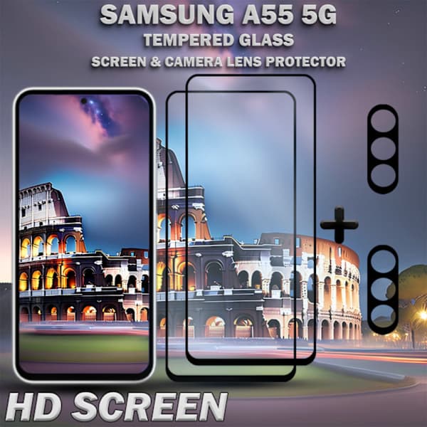 2-pack SAMSUNG A55 5G Skärmskydd & 2-pack Linsskydd - Härdat Glas 9H