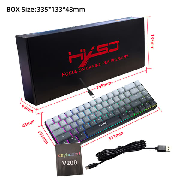 V200 Gradient Sort 69-tasters Ergonomisk Kablet Tastatur Delt Buet RGB Baggrundsbelyst til Arbejde og Gaming