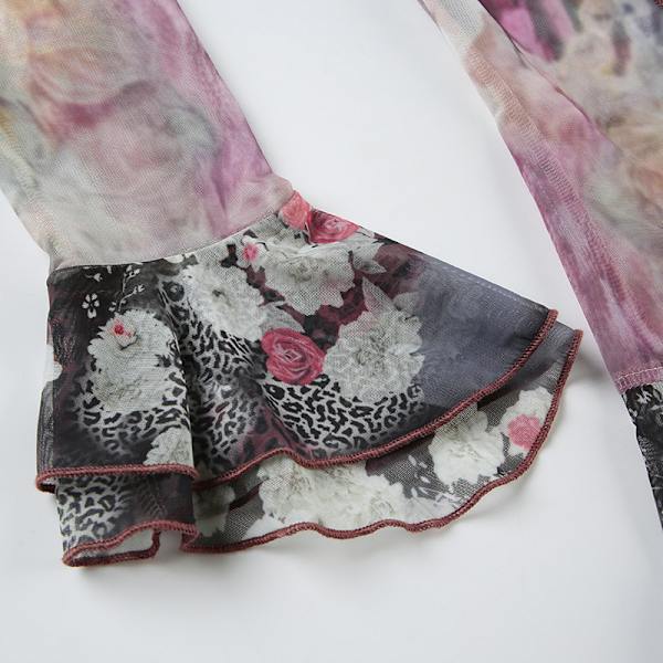 Retro Blomster Patchwork Gennemsigtig Kunstnerisk Gradient-Printet Flæset Bindebånds Tulle Bluse L
