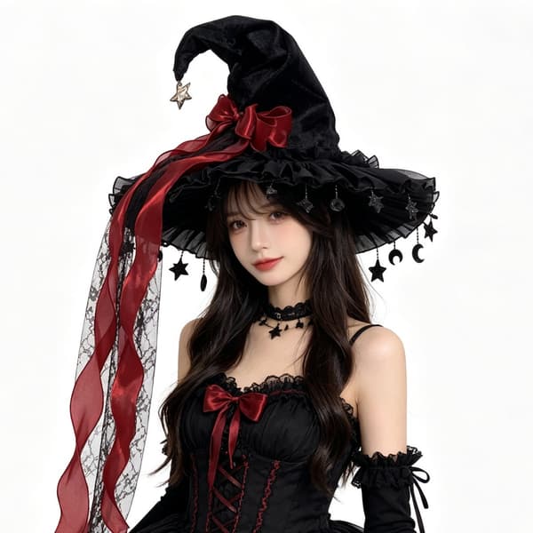 Halloween häxhatt med bred brätte spets, lämplig för semesterfester, kostymfester, maskeradfester, rollspel, etc. röd red