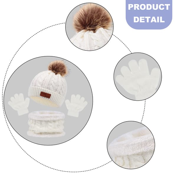 1 sæt børns vinter tredelte hat, halstørklæde, handsker, tredelt efterår og vinter ny enkelt kugle babyhat white