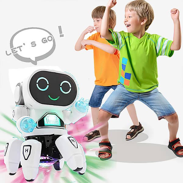 Musikk og dansende hexapod-robot, LED-øyne, med diskolys og dansemusikk, universalhjul, interaktiv og lærerik, egnet for gutter og