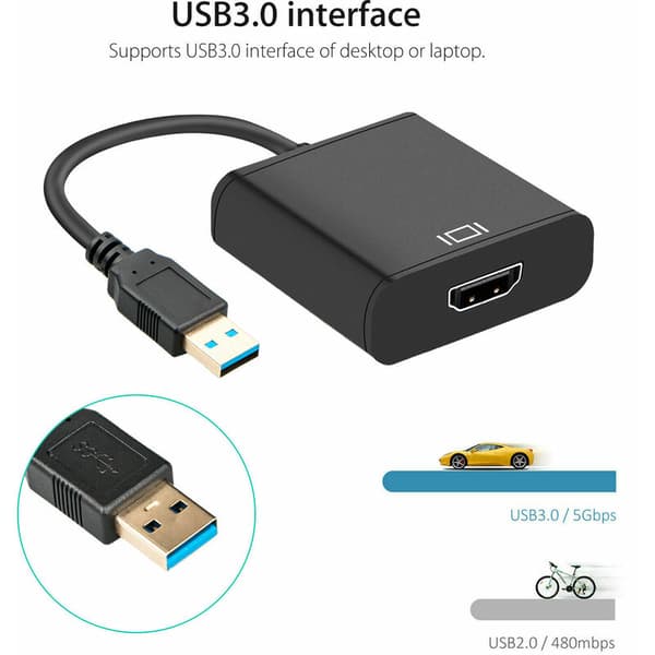 USB 3.0 til HDMI-konverter, kabeladapter, svart