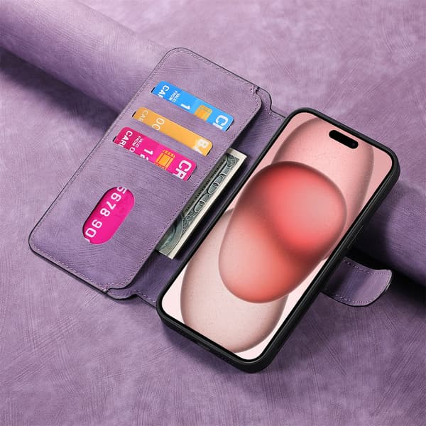 Magnetisk avtakbart flip-telefondeksel med RFID-beskyttelse, multifunksjonell kortholder og stativ; kompatibel med iPhone 14 purple
