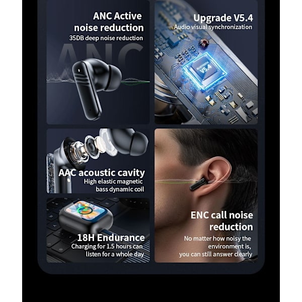 LX-10 Fuld-farve Touchscreen ANC TWS Bluetooth Øretelefoner