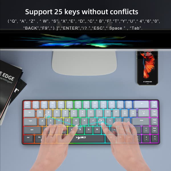 V200 Gradient Sort 69-tasters Ergonomisk Kablet Tastatur Delt Buet RGB Baggrundsbelyst til Arbejde og Gaming