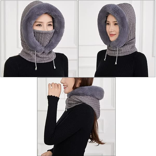 2 i 1 Vintermössa Stickad Mössa Varm Mössa Cirkelsjal Set Balaclava Vinterstickad Mössa med Fleecefoder för Kvinnor Vindtät Mössa Kylskydd Skidmössa Grau