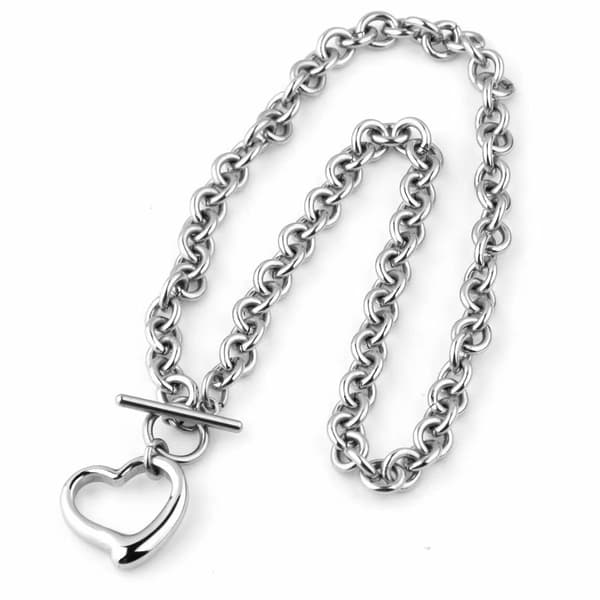 Sølv Hjertekæde Halskæde + Hjerte Armbånd til Kvinder Piger Hjerte Vedhæng Toggle Charm Smykkesæt Rustfrit Stål