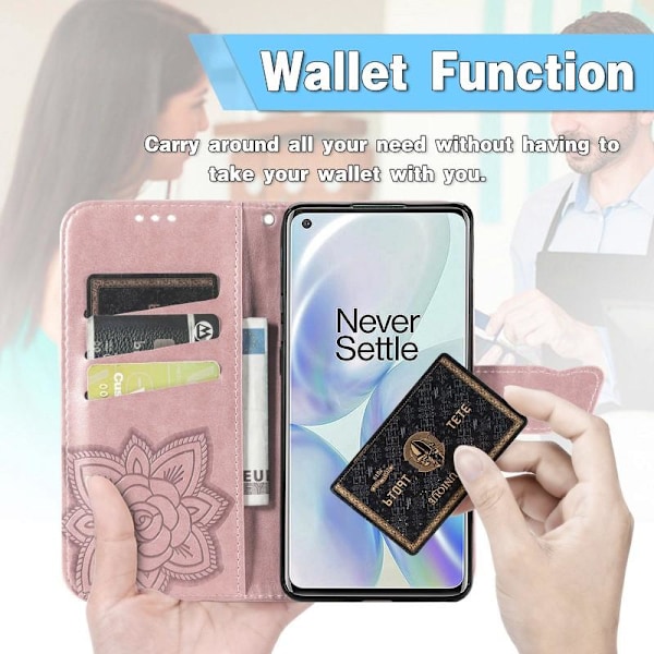 OnePlus 8 Pro Plånboksfodral PU-Läder 4-FACK Motiv Fjäril Rosa guld