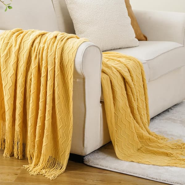 Pledd Teksturert Solid Myk Sofa Dekorativt Strikket Pledd, 127 x 152 cm yellow
