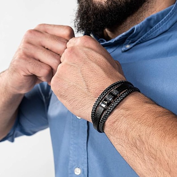 Herrarmband i äkta läder, guld/silver - Flätat läderarmband med magnetiskt spänne i rostfritt stål 21 cm