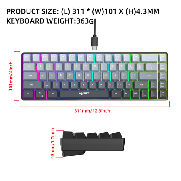 V200 Gradient Sort 69-tasters Ergonomisk Kablet Tastatur Delt Buet RGB Baggrundsbelyst til Arbejde og Gaming