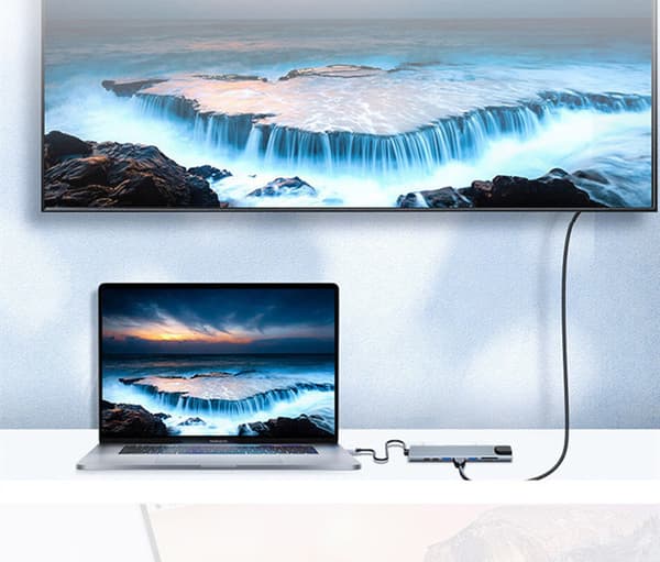 INF 8-Port USB-C Hub med USB, USB PD, HDMI, RJ45 og Minnekort – Grå