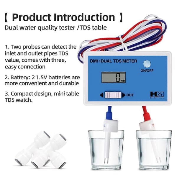 Digital vandkvalitetstester med dobbelt sonde, online TDS-detektor, input/output vandkvalitetsmonitor til postevand og akvarier