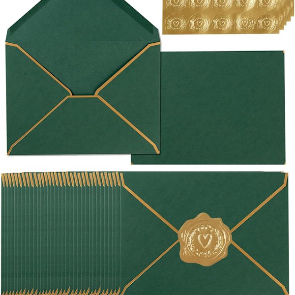EINNENFFER Dekorativa metalliska kuvertset, 135 x 185 mm, V-form, 150g/m2, Papper, mörkgrön, 100 st, För att skriva inbjudningar, kuvert,