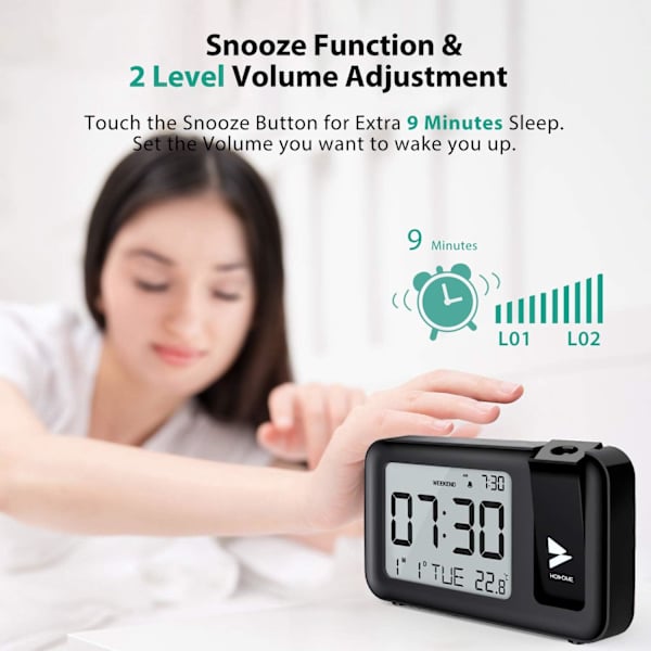 Hosome Projektionsväckarklocka, Digital Väckarklocka Inomhustemperatur 4 Ljusstyrkenivåer 2 Volymnivåer Justerbar 9 Minuters Snooze-funktion 12/24H