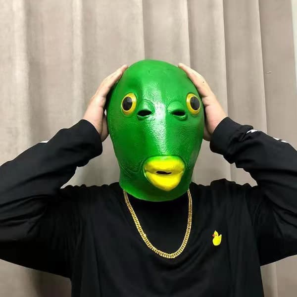 Grøn Fiskehovedmaske + Guldhalskæde Prank Sæt