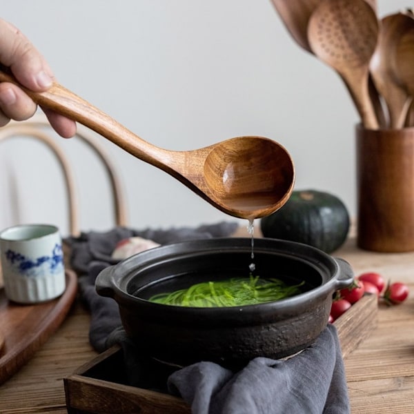 Set av trä, 6-delat set, köksredskapsset, set med non-stick
