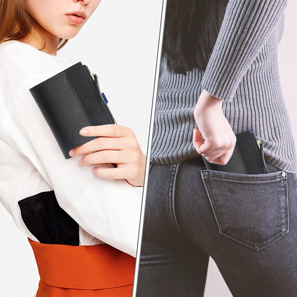 Liten plånbok för kvinnor, smal läder bifold framficka damer
