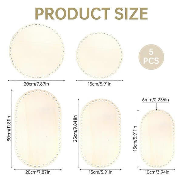 5 STK Trækurvebund, 5 Størrelser Oval Cirkel Blank Solid Hæklet Kurv Træbund til DIY Kurvehåndværk Væveforsyninger