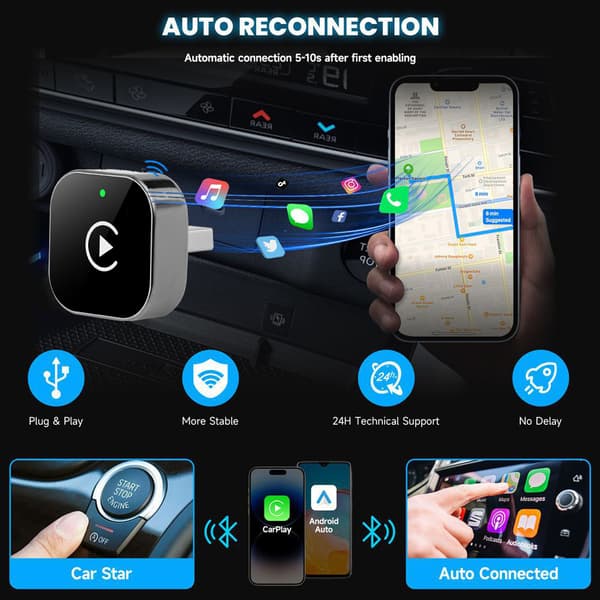 Trådlös CarPlay/Android Auto-adapter: Trådbunden till trådlös bilanslutningsbox