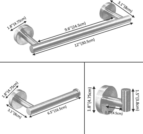 3-delt badeværelsestilbehør, 30 cm håndklædeholder, toiletpapirholder