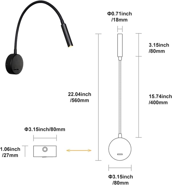 Leselampe for vegg, 3W LED varmhvit veggleselampe 3000K seng