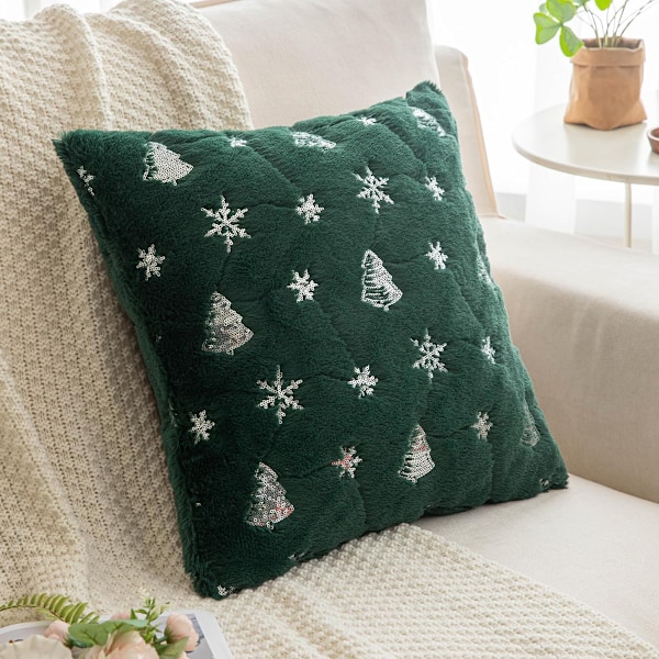 Jul Dekorativa Prydnadskuddar, Paljettkuddar Kuddfodral Fuskpäls Fyrkantiga Prydnadskuddar för Soffa Vardagsrum Green silver
