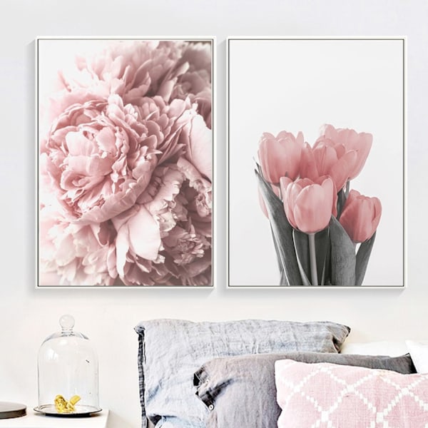 Rosa piontulpaner Ros Blomvägg Konst Canvas Målning Nordisk