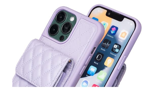 Diamantmønstret trekkspillkortholder og støtsikkert telefondeksel kompatibelt med iPhone 14 Plus Light purple