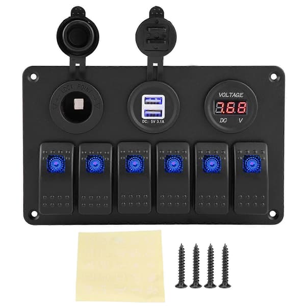 12V 24V 6-veis bilbåt LED vippebryterpanel Dobbel USB voltmeter sigarettenner blå