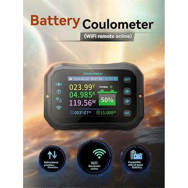 WiFi Coulomb Meter RV Batterimonitor Batterikapacitetsindikator Tester Strøm Volt-Amperemeter til Alle Batterier 0-100A