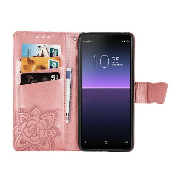 Xperia 10 II Plånboksfodral PU-Läder 4-FACK Motiv Fjäril Rosa guld