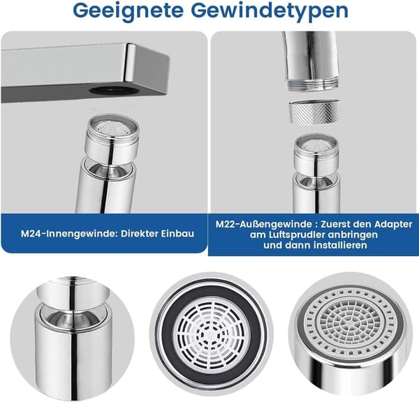 360° Drejelig Dobbeltfunktion Vandhane Luftblander, M22/M24 Vandbesparende Fa